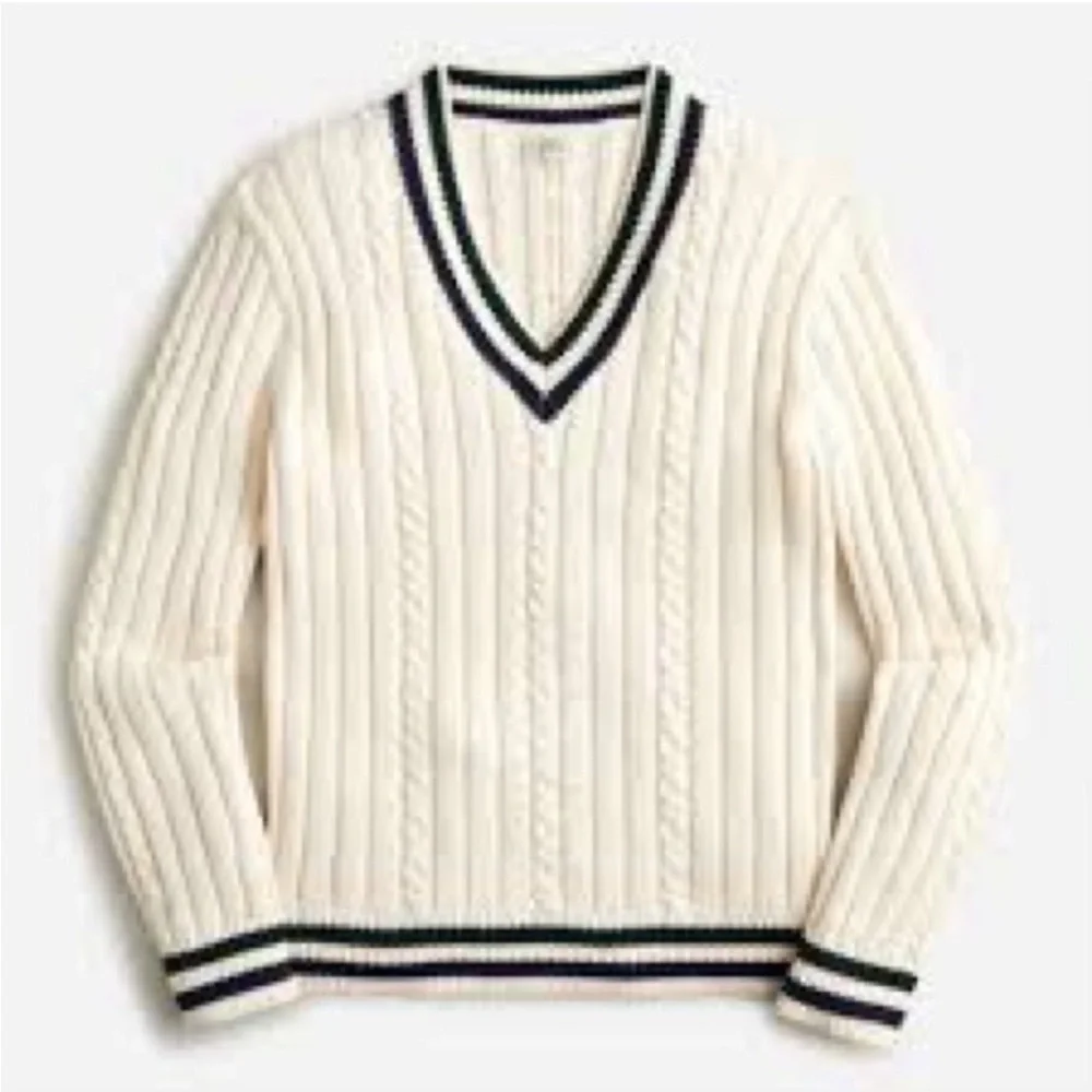 J. Crew Cream Cable-Knit V-Neck Sweater with Navy & Forest Stripes
